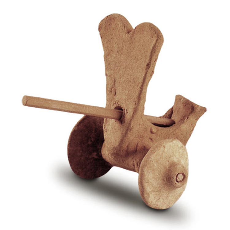 Terracotta wagon toy, 10 x 8 x 5 cm, model of a two-wheeled cart. Excavated at Tell Chuera, Syria, c.2500 BC. National Museum of Damascus, inv. DAMASCUS 196.
