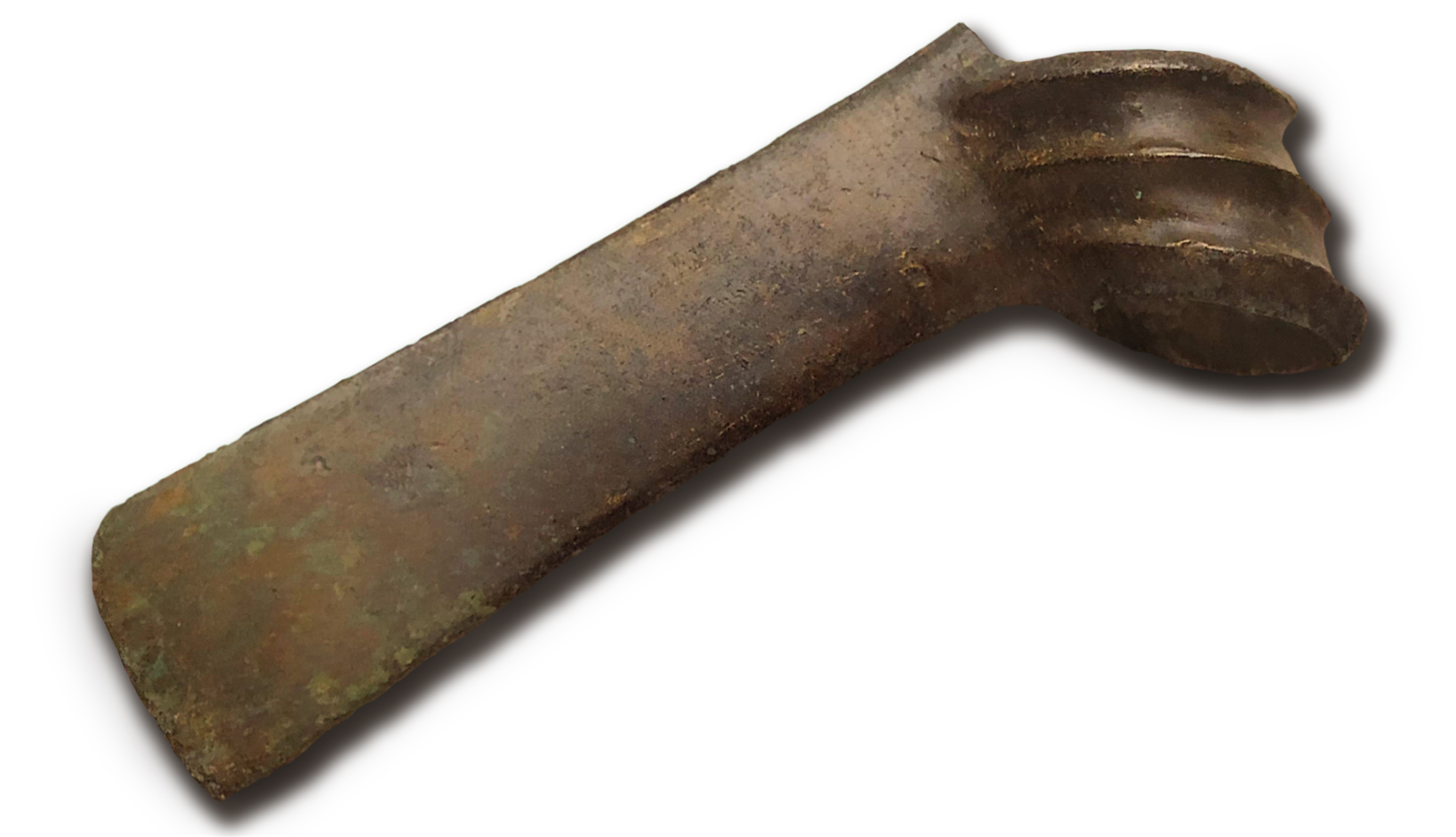 Bronze flanged axe, 14.5 x 5.5 x 3.1 cm, with three ridges on the heel. Ugarit, Syria, c.1300 BC. National Museum of Damascus.