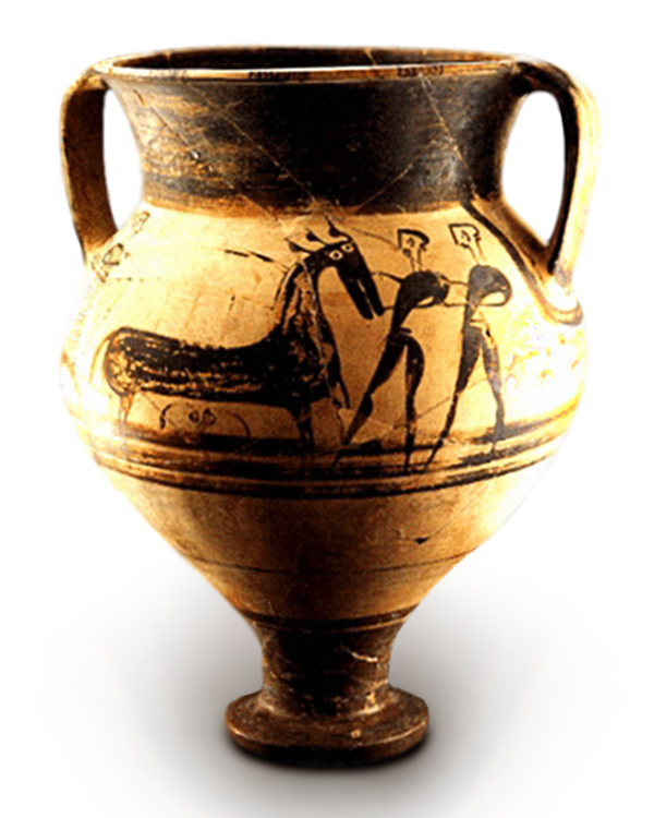 Mycenaean ceramic krater, 47.5 x 36 cm, discovered at Ras Ibn Hani, Syria, c.1300 BC. Example of Aegean-Syrian trade connections. National Museum of Damascus, inv. DAMASCUS 6806.