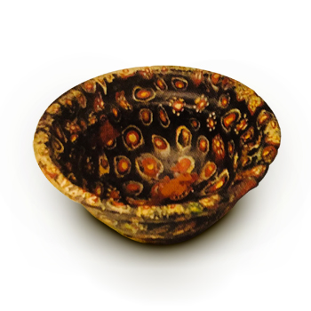 Mosaic glass bowl, 10 x 4.5 cm, produced by fusing multicolored glass canes in a mold. Excavated from Homs, Syria, c.100 CE. National Museum of Damascus.