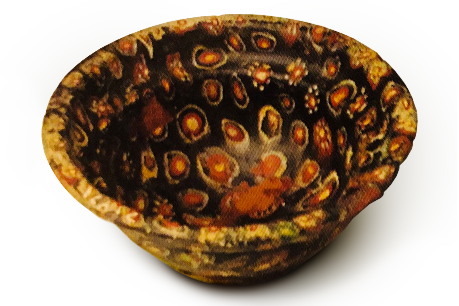 Mosaic glass bowl, 10 x 4.5 cm, produced by fusing multicolored glass canes in a mold. Excavated from Homs, Syria, c.100 CE. National Museum of Damascus.