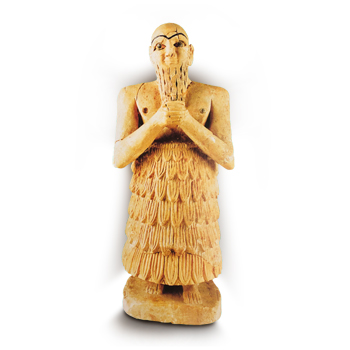 Gypsum statuette, 46 x 18 x 20 cm, inscribed with dedication by Salim, brother of the king, to the goddess Ninni-zaza. Mari (Tell Hariri), Syria, c.2500 BC. National Museum of Damascus.