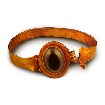 Gold and agate jewelry piece, 41 x 33 x 0.4 cm, Roman period. Decorative ornament with gemstone inlays. Syria. National Museum of Damascus, inv. 6014-7885.