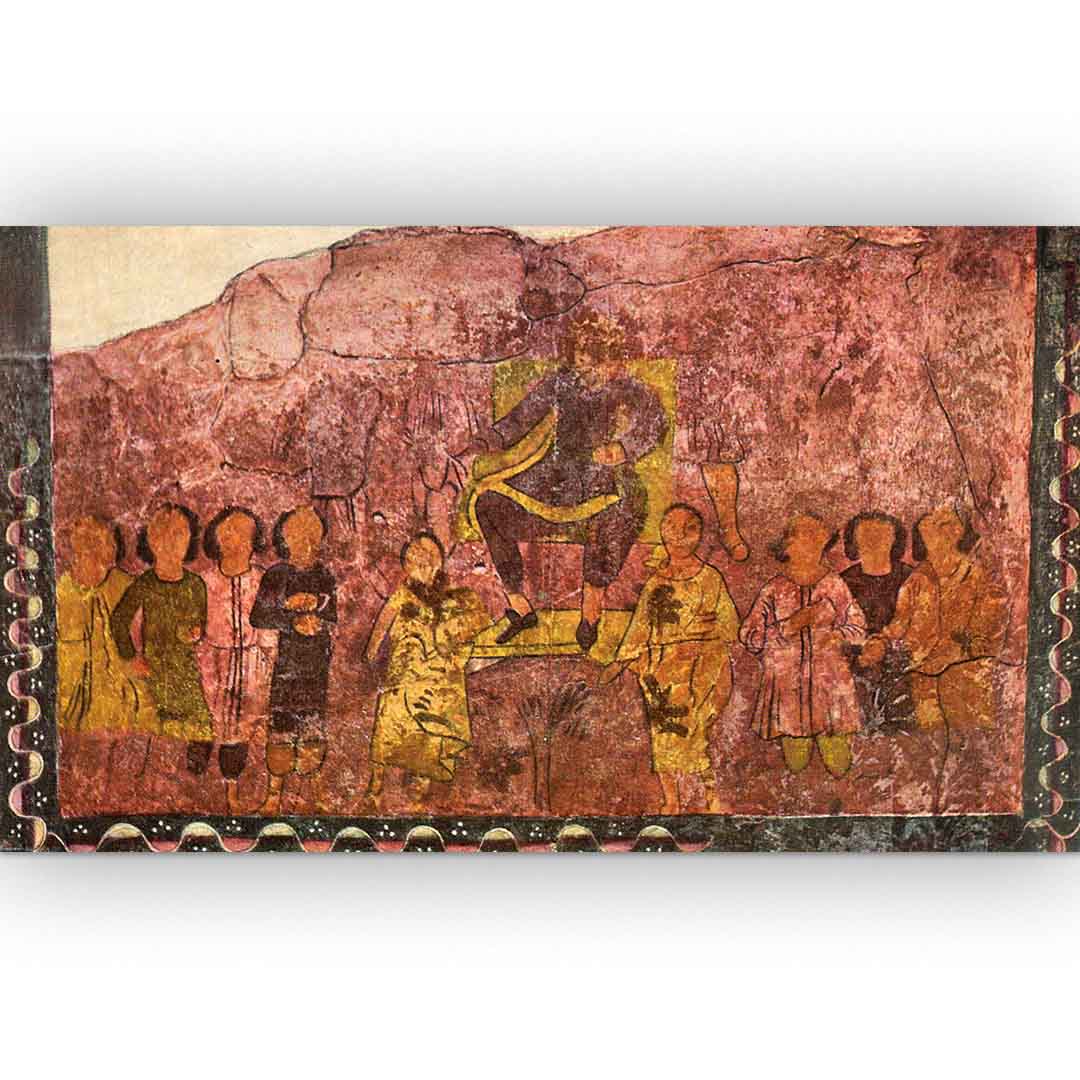 Wall painting of the enthroned figure above the Torah niche from the Dura-Europos Synagogue. (Traditionally identified as King David)